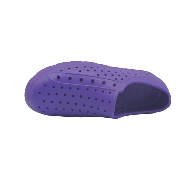totes® Everywear® Kids Eyelet Sneaker Sandals in paisley purple, shown from a top view featuring the closed-toe design with breathable eyelet perforations on the flexible rubber upper and cushioned footbed, suitable for girls' summer outdoor activities and casual wear.