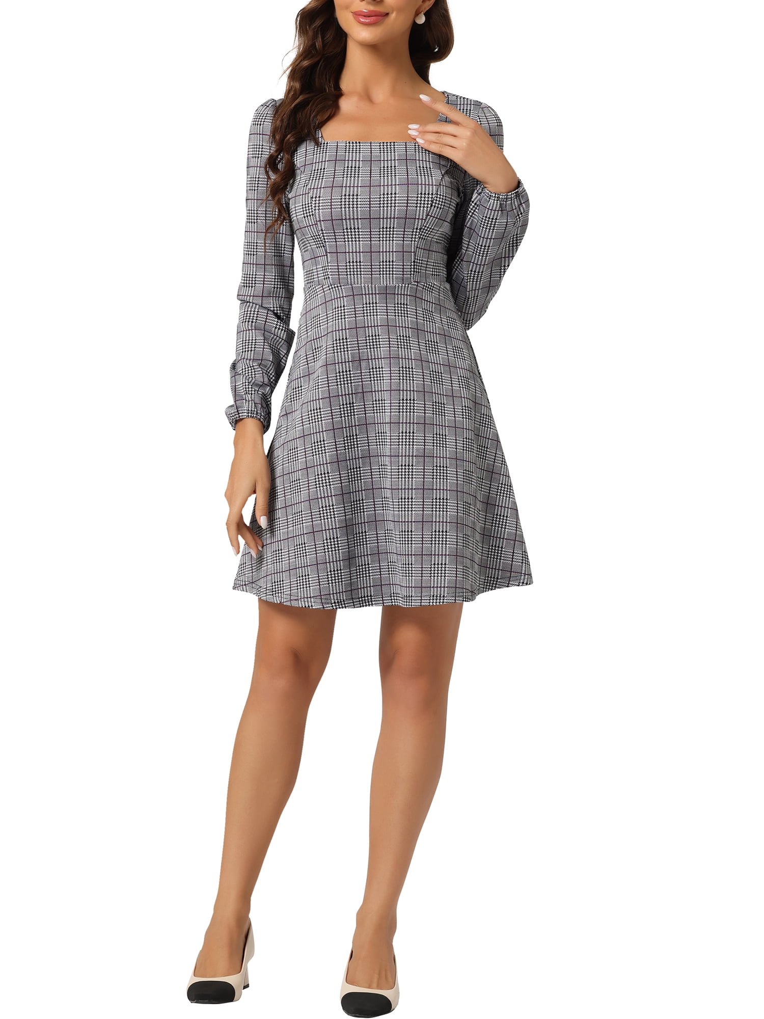 INSPIRE CHIC Women's Fall Square Neck Long Sleeves a-Line Plaids Dress L Purple