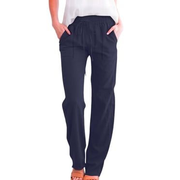 Pisexur Linen Pants Women Quality Assurance Cotton Linen Pants for Women Summer Drawstring High Waisted Palazzo Pants Casual Wide Leg Yoga Pants with Pockets Dark Blue,2XL