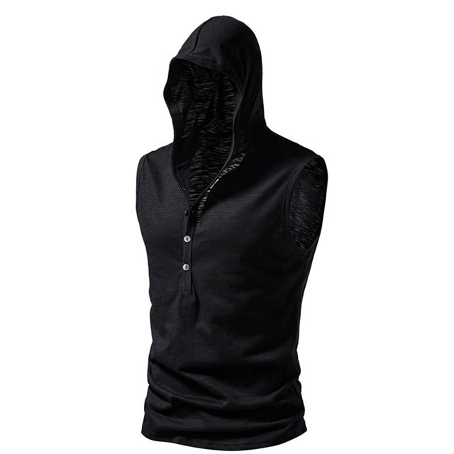 EGNMCR Débardeurs Homme Homme Décontracté Mode Uni Bouton Sans Manches Hauts Blouse Chandail à Capuchon Chandails