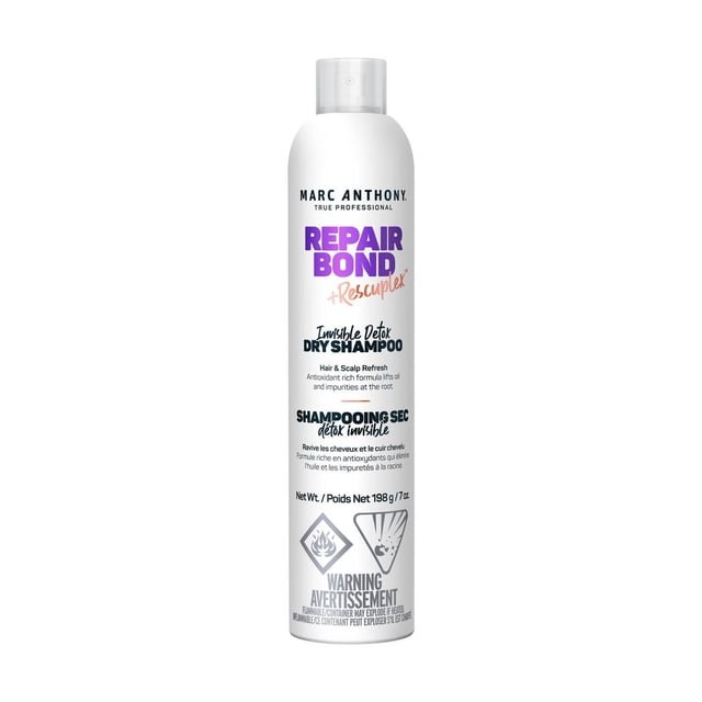 Marc Anthony Repair Bond +Rescuplex Invisible Detox Dry Shampoo in a white aerosol can with purple and black text, formulated to refresh hair and scalp by absorbing oil and impurities without residue, suitable for all hair colors, featuring bilingual English and French product details and safety warnings.
