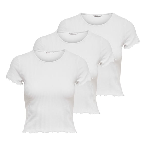 ONLY Women T-shirt Pack of 3 - ONLEMMA SHORT TOP, round neck, cropped, ribbed, plain colour White XS (X-Small)