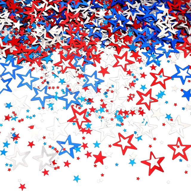 Hxlamzoo Independence Day Party Confetti - Red, Blue, Silver Star Sequins | Safe Plastic, Reusable, Lightweight & Waterproof | 4th of July Decorations, Photo Props, Nail Glitter