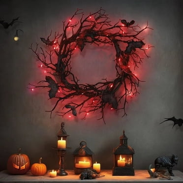 Couronne d'Halloween de 18 Po Chauve-Souris Branche Noire Couronnes avec Lumière DEL Rouge Couronnes pour Portes Fenêtre Guirlande de Fleurs Décoration d'Halloween