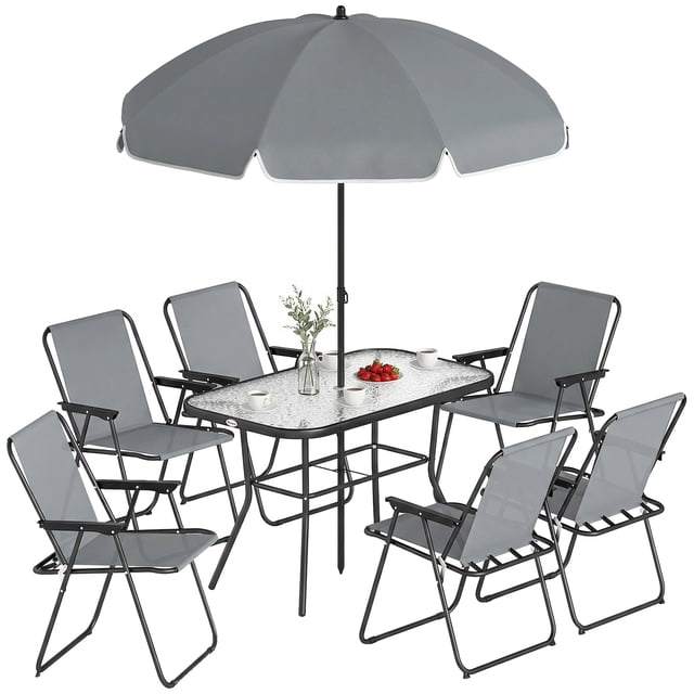 Outsunny 8 Piece Patio Table and Chairs Set with Umbrella for Garden, Grey