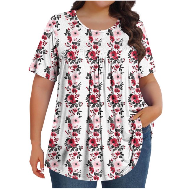 Pisexur Hauts de Printemps pour Femmes Blouses pour Femmes Décontractées Mode Féminine Imprimé Col Rond Manches Courtes Plissé Ample Multicolore,3TG