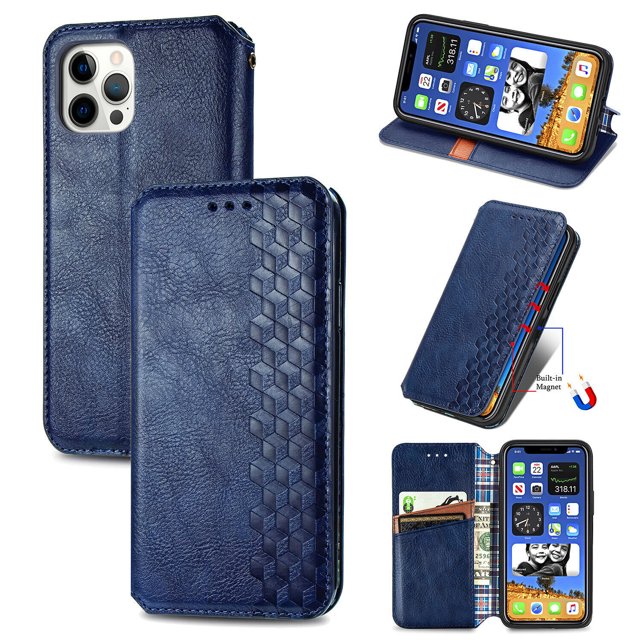 Étui pour iPhone 12 Pro, Étui Portefeuille à Rabat, Étui à Rabat Magnétique Protectrice - Bleu