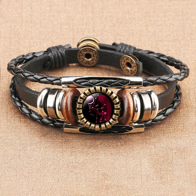 TopLLC Bracelets 12 Constellation Bracelet Leather Rope Bracelet Ladies Men Hand Woven Rope Bracelet Punk Chain Cuffs a Bracelet
