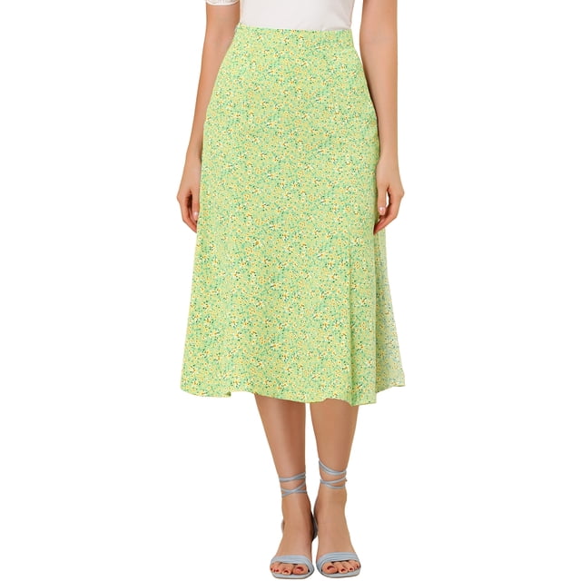 Unique Bargains Jupe Midi Trapèze à Imprimé de Feuilles pour Femme, Vert Printemps, TG
