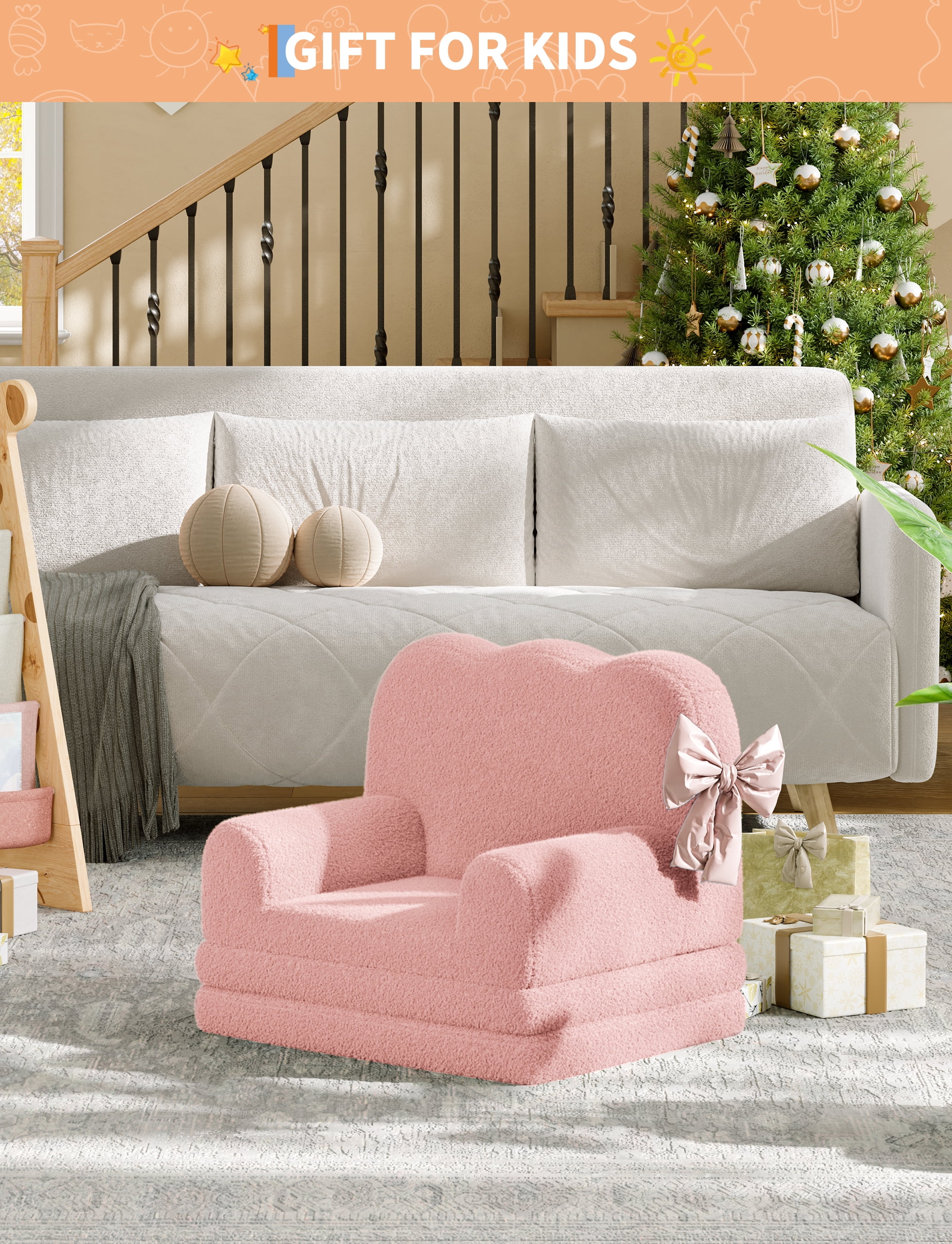 BeesClover 2-in-1 Convertible Kids Couch, Teddy Fleece Toddler Sofa Chair and Fold-Out Lounger, Soft Children's Sofa Bed for Nursery or Playroom, Perfect Birthday Gift