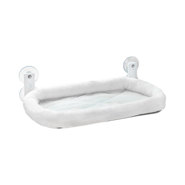 lionlar Cat Window Perch Hammock Cozy Cat Window Bed in white, measuring 30x60cm. A foldable cat furniture piece with thickened cushion edges for comfort, strong suction cups for secure attachment, and cloth material for sunbathing and napping.