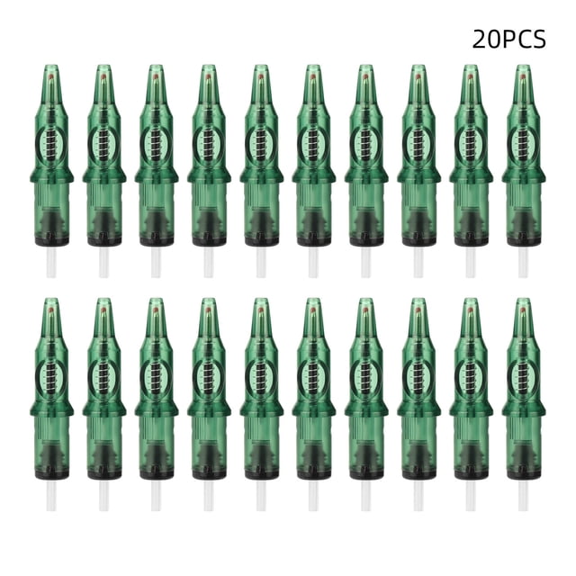 Ballpoint Pen Tattoo Cartridges with Membrane, 20pcs set for apprentice tattoo practice. The cartridges feature a green transparent PVC body with a high-quality pen tip, suitable for use on practice leather and A4 paper. Individually packaged for convenience, these cartridges are compatible with most spinners and tattoo guns. Ideal for beginners to practice repeatedly without consuming tattoo needles.