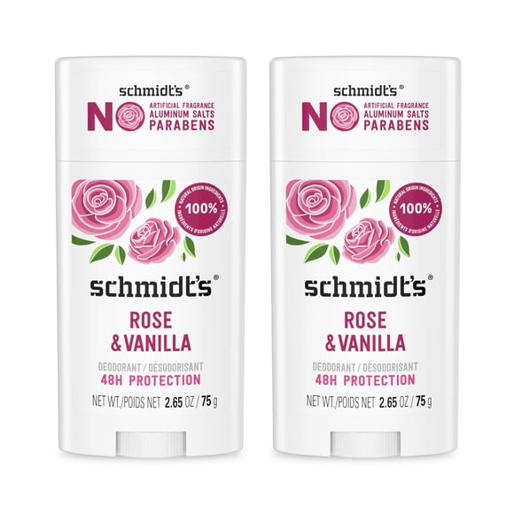 Schmidt's Aluminum-Free Vegan Deodorant Rose & Vanilla with 24 Hour Odor Protection 2 Count for Women and Men Natural Ingredients Cruelty-Free 2.65 oz