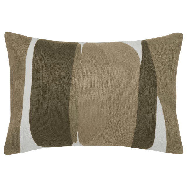 Bouclair Mei Lumbar Throw Pillow with an abstract pattern in earthy green and brown tones, rectangular shape, knitted texture, removable zippered cover, and soft fill, ideal for layering on sofas, beds, or chairs in modern, rustic, or boho décor.