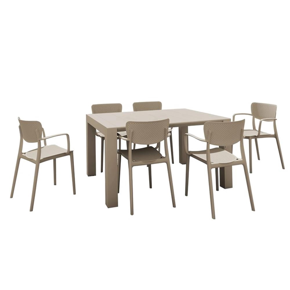 Ensemble de Salle à Manger Extérieur Loft avec 6 Chaises à Accoudoirs et Table Extensible de 55 Pouces Taupe