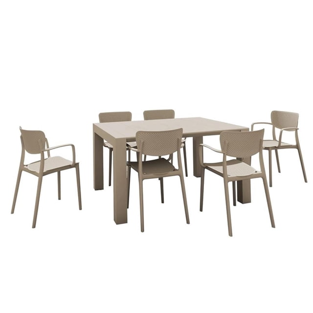Loft Outdoor Dining Set with 6 Arm Chairs and 55 inch Extension Table Taupe