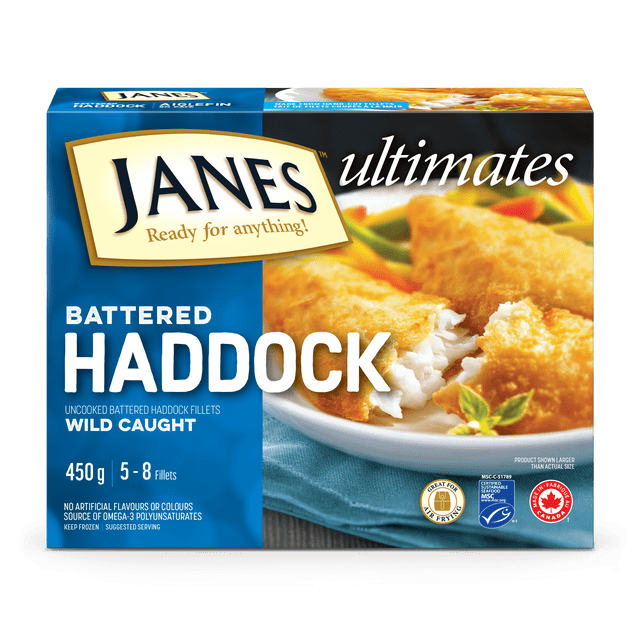 JANES ultimates BATTERED HADDOCK frozen meal package showing 450g of wild caught, uncooked haddock fillets coated in wheat crumb breading, suitable for air frying and quick frozen dinners, with Canadian Made and MSC certification logos.