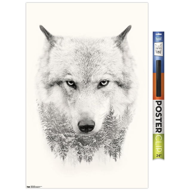 Wolf - Trees Wall Poster, 22.375" x 34", featuring a monochrome artistic print of a wolf's head blended with snow-covered evergreen trees at the bottom, printed on glossy photo art paper with an included 24" poster clip hanger for easy wall mounting, ideal for decorating bedrooms, offices, dorms, or living rooms and suitable for adding a nature-inspired accent to any space.