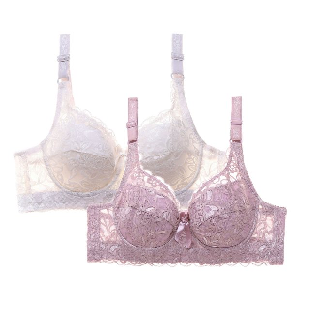 Levmjia 2PC women's bras with a front closure design, no underwire, and push-up support for comfort and style. This set includes two wireless lace bralettes in multi-color options: soft pink and ivory, featuring adjustable straps and floral patterns. Suitable for daily wear, lounging, or romantic occasions.
