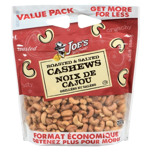 Salted Roasted Cashews by Joe's Tasty Travels in a 750g resealable value pack with bilingual English and French labeling, showing crunchy toasted cashews in a clear-bottom bag with red top, suitable as a snack or nut topping.