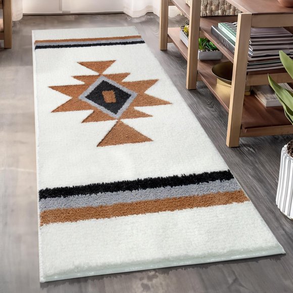 TANVILL Boho Bath Rug, Non-Slip Shaggy Soft Absorbent Large Carpet for Shower Entryway, White 24x47