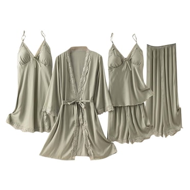 Miqool 5 Piece Satin Pajama Set for Women Comfy Silk Sleepwear Pajamas Sets Womens Lace Trim Soft Lightweight Pjs Loungewear Nightwear Sets on Clearance