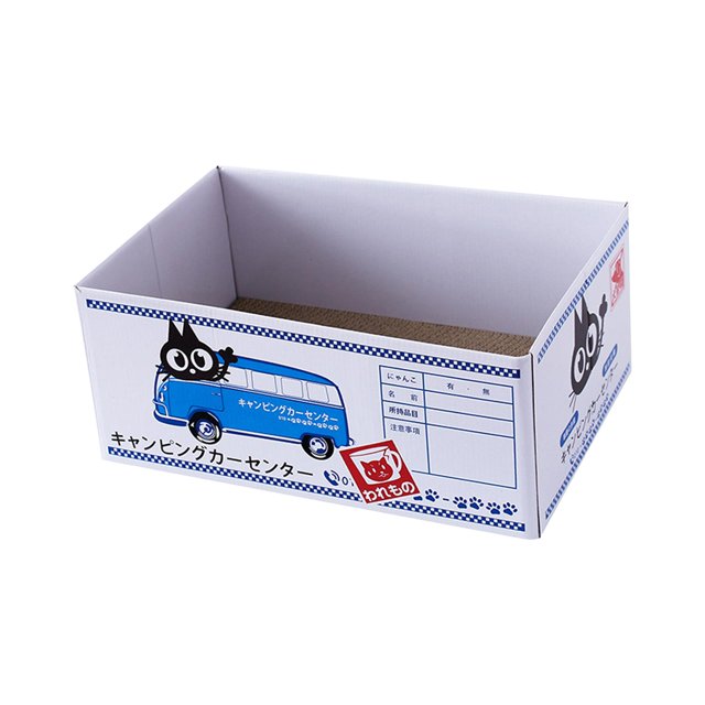 Poteau à Griffer et Tapis à Griffer pour Chat en Carton Conçus comme une Boîte durable avec du Papier Ondulé. la Boîte Présente un Graphique de Fourgonnette Bleu avec une illustration de Chat Noir à l'Extérieur. Elle Sert Aussi de Lit lounge à Griffer, Offrant un Espace Confortable pour Se Reposer et Jouer pour les Chats. les dimensions Sont 37cm x 25cm x 16cm (14.57 Po x 9.84 Po x 6.30 Po), Convient aux Chats de Tous Âges. Idéale pour Protéger les Meubles contre les Égra
