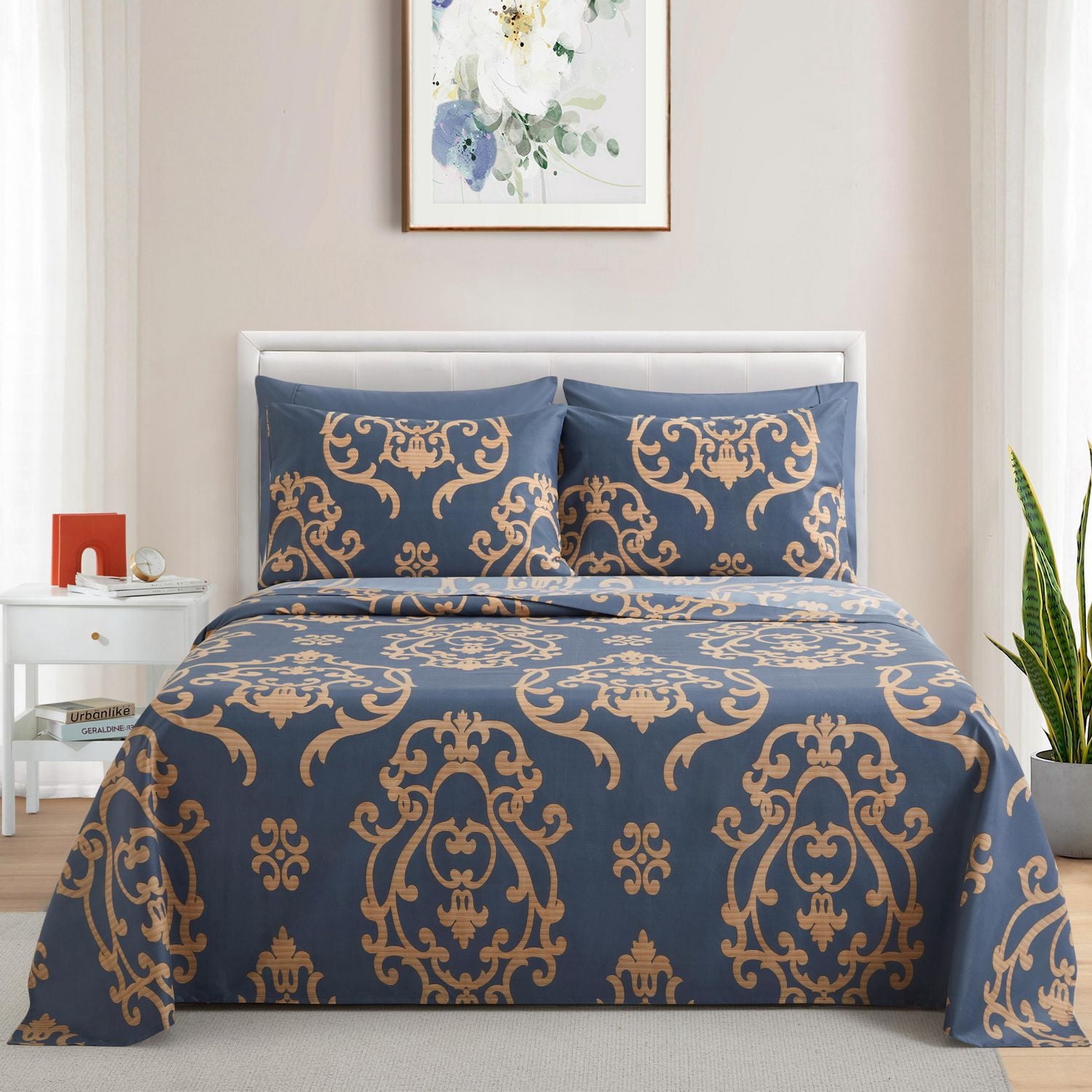 Literie Marina Décoration ultra douce et soyeuse, riche en soie et en rayonne de bambou, toutes saisons, avec taies d'oreiller, motif damassé doré et bleu marine