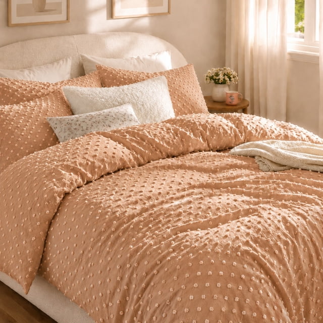 Swift Home Dot Clip Textured Duvet Cover Set, Soft All Season Bedding with Zipper Closure, Queen, Pink