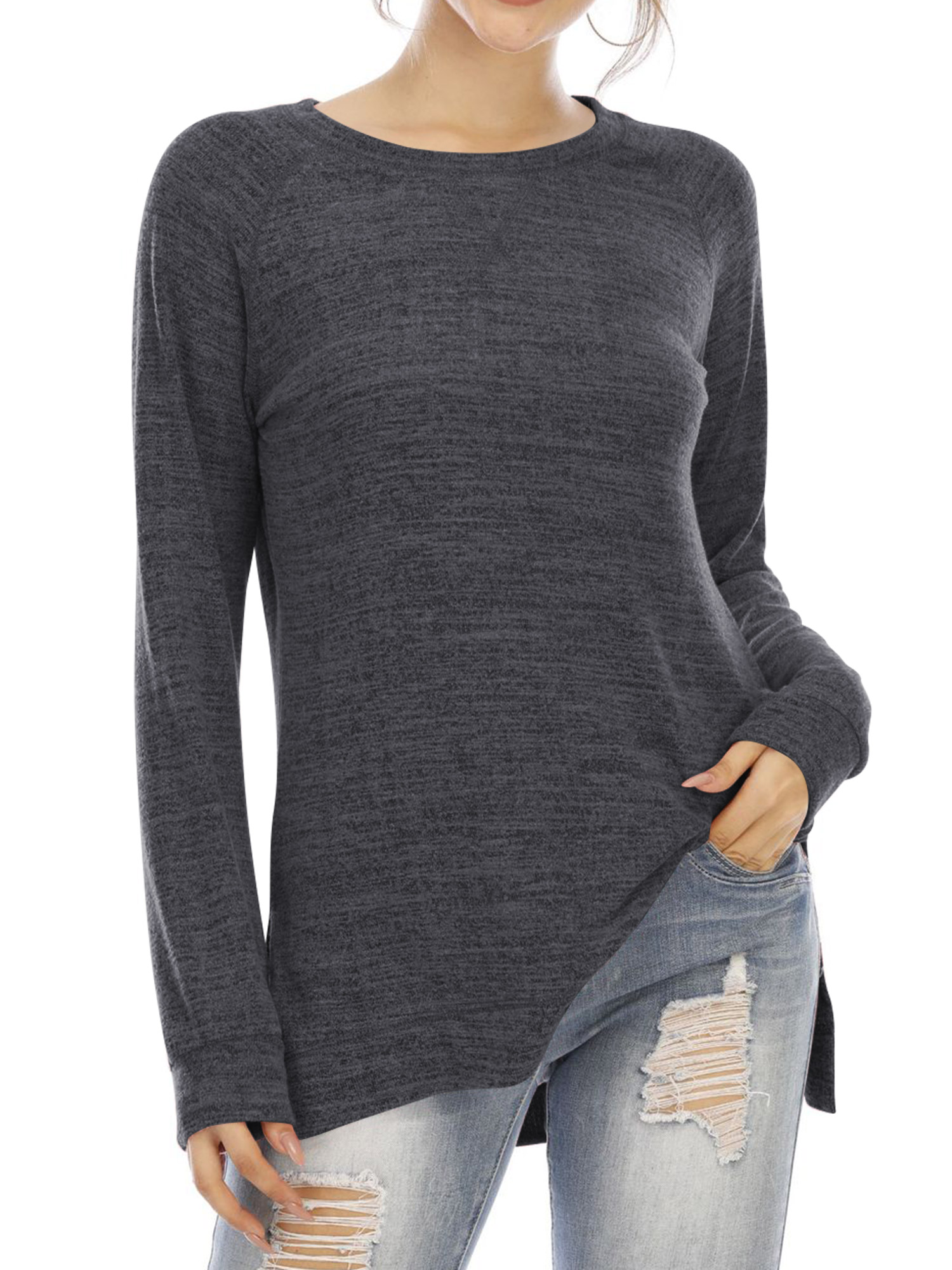 Women Side Split Hem Crew Neck Long Sleeve Plain Shirt