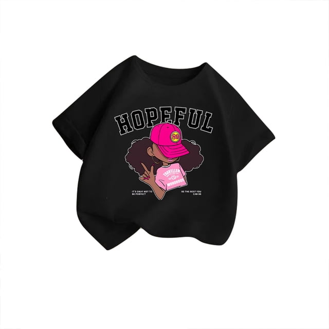 T-shirts Filles Été Cool Imprimé Graphique Col Rond Manches Courtes Décontracté Hauts Filles Noir 5-6 Ans