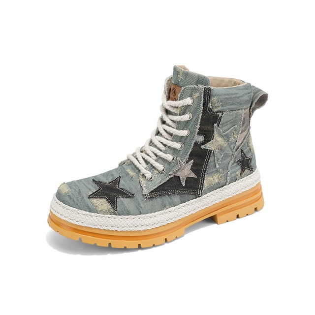 Colisha Mens Work Boot Lace Up Ankle Boots in blue denim with patchwork star accents, featuring a braided sidewall and a chunky yellow PVC platform sole. These lightweight, anti-slip ankle-high boots for men offer a retro style with a round toe and lace-up closure, suitable for casual, work, and outdoor occasions.