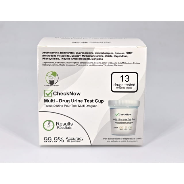 CHECKNOW MULTI-DRUG URINE TEST CUP by Alberta Drug Testing Ltd., a Health Canada licensed home drug test kit. The packaging highlights its ability to detect 13 substances, including amphetamines, benzodiazepines, and marijuana, with 99% accuracy. Features include fast results in under 5 minutes, adulteration and temperature checks, and a user-friendly design. The box displays the product name, a sample test cup image, and key benefits in both English and French.