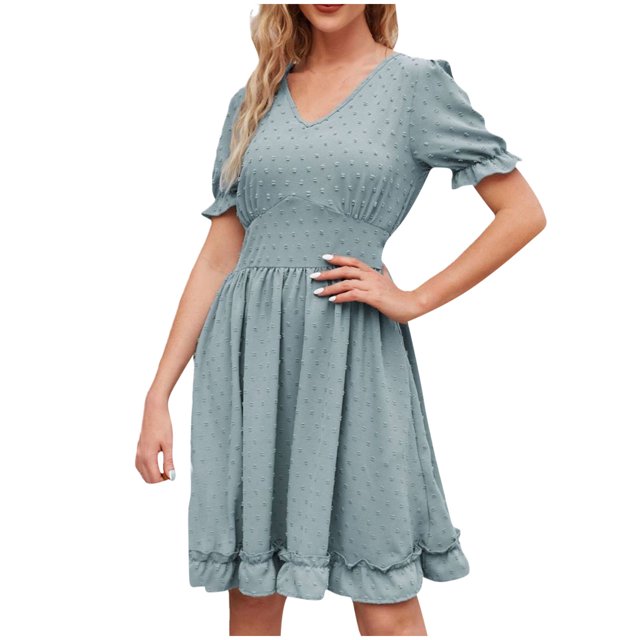 Dvprdro Robe en Chiffon pour Femmes, Mode Été, Col en V, Manches Courtes, à Volants Plissés, Décontractée, Ample, Boho, Plage, Soleil, Mini Robe