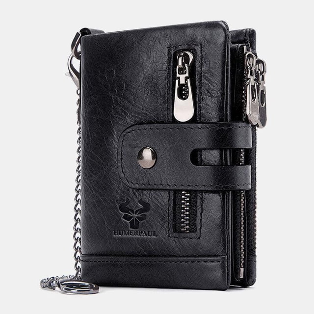 Men Genuine Leather RFID Anti-scanning Anti-Theft Zipper Wallet With Chain - Brown