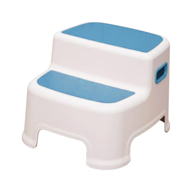 Step Stool Multi Purpose and 2 Step Stool for Kids in blue, featuring a sturdy white plastic frame with two non-slip blue platforms. Ideal for toddler potty training, kitchen use, and bedroom access, it offers stability and portability with side handles. Dimensions are 28cmx31cmx25cm.