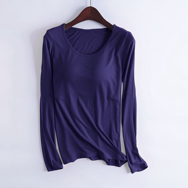 DPTALR Vêtements de Maison pour Femmes avec Coussinets de Poitrine T-shirt Manches Longues Pyjama Confortable Base pour Port Externe Col Rond