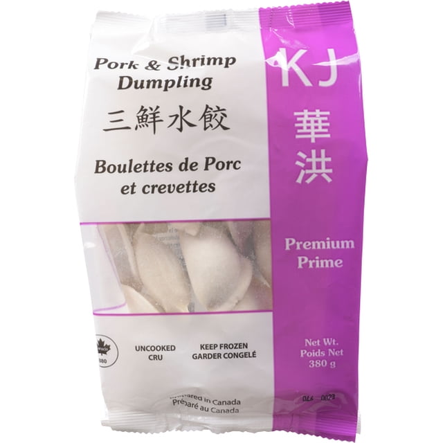 KJ Boulettes de Crevettes et de Porc Surgelées Montrant des Boulettes Non Cuites à Travers une Fenêtre Transparente, avec Texte Bilingue Anglais et Français, Poids net de 380 g, Emballage Violet et Blanc Étiqueté de Qualité Supérieure, Idéal pour les Aliments Surgelés Préparés Chinois et Est-Asiatiques.