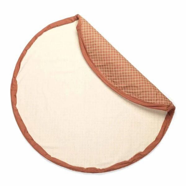 Play & Go - Timeless Brown Grid Pattern 3-in-1 play mat and storage bag made from 100% organic cotton, 140 cm diameter, with a brown grid print on one side and ecru cotton on the other, suitable for newborn to toddler and easy to carry for organized toy storage.