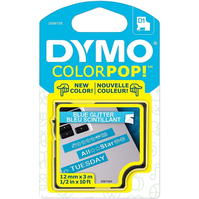 DYMO COLORPOP! D1 Standard Label Maker Tape, 1/2' x 10', White on Blue Glitter