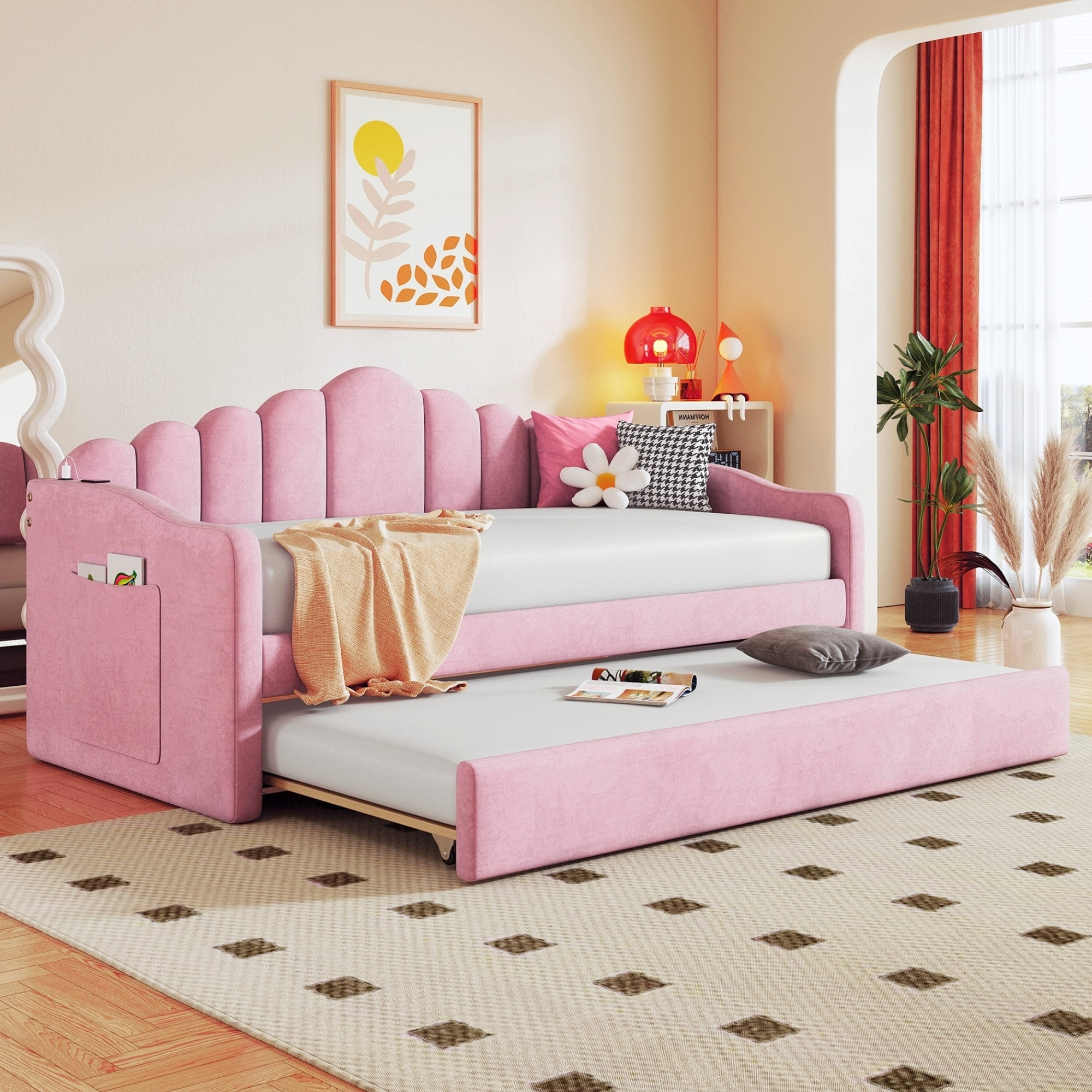 Homy Casa Lit de Jour Simple avec Lit Gigogne, Velours, Port USB, Poches de Rangement, Rose, Facile à Monter