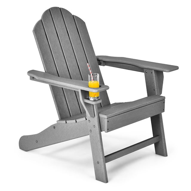 Costway Patio Adirondack Chair en Gris, Fabriqué en Matériau PE Résistant aux Intempéries avec des Caractéristiques Ergonomiques Incluant un Siège Grand, un Dossier et des Accoudoirs. Comprend un Porte-Gobelet Intégré pour Plus de Commodité. Idéal pour une Utilisation Extérieure sur les patios, les porches, au Bord de la Piscine Ou comme Siège de Jardin Muskoka.