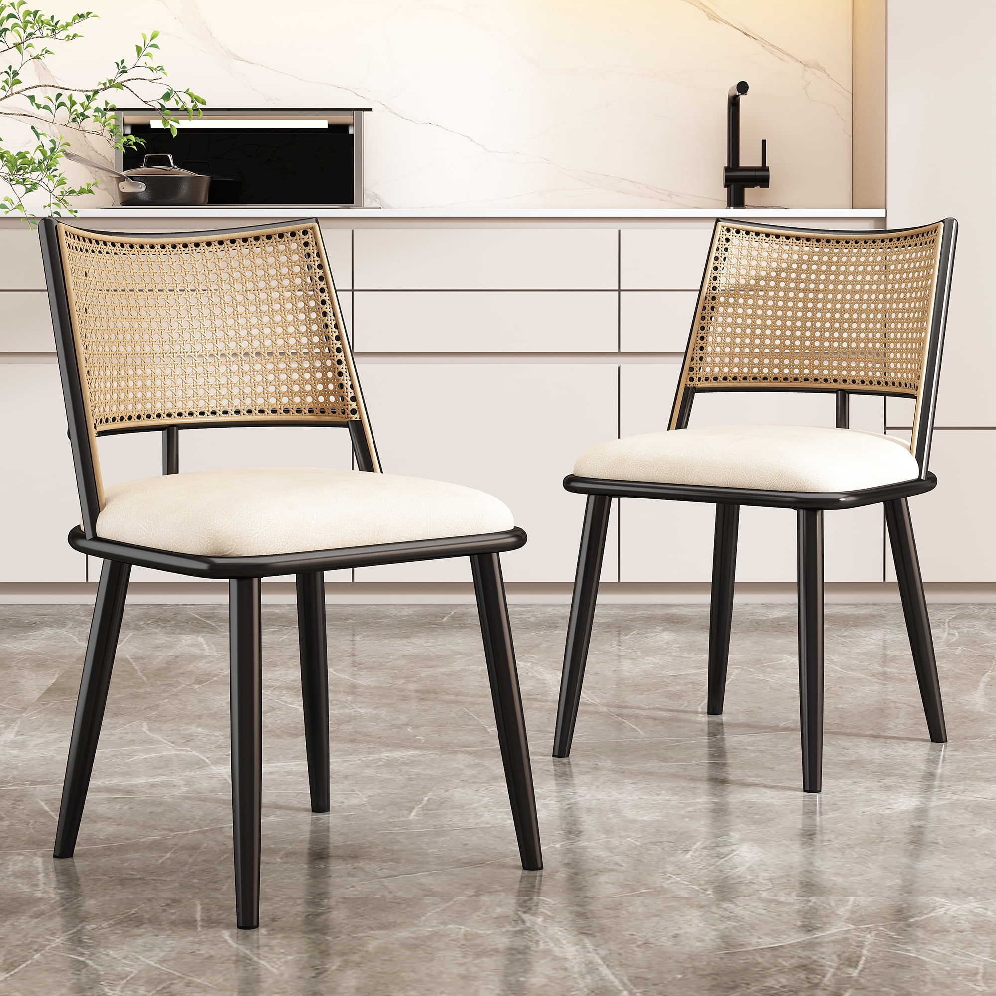 Noble House Chaises de Salle à Manger Modernes Ensemble de 2, Sièges Rembourrés en PU Faciles à Nettoyer avec Dossier en Rotin PE, Noir + Naturel