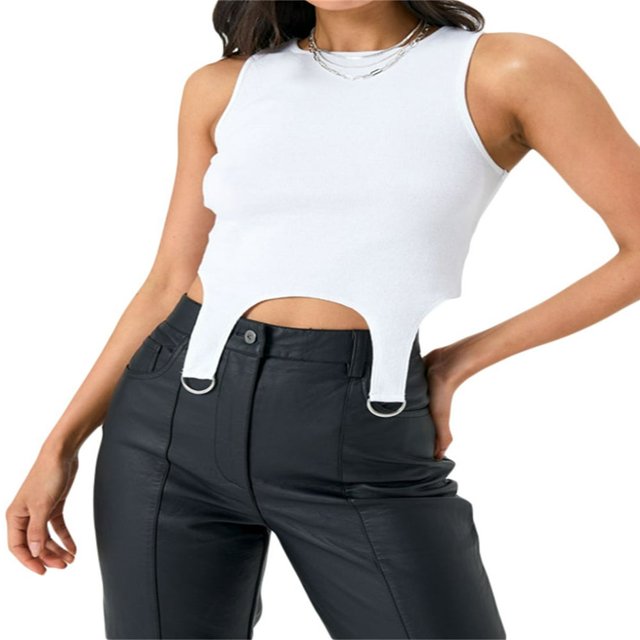 Summer Ribbed Tank Tops Casual Women Sleeveless Irregular Hem Vest Solid Color Slim Fit Crop Tops Female Base Tops Brown S