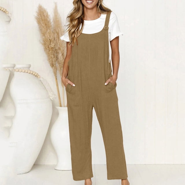 LSLJS Women's Cotton Linen Loose Sleeveless Jumpsuits Spaghetti Strap Stretchy Solid Jumpsuit with Pockets