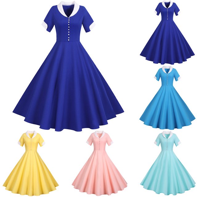 CEHVOM Robe d'Été 2024 pour Femmes, Robes Vintage Évasées pour Femmes Rétro Années 1950 60, Robes Vintage Évasées à Col en V et Col Cape