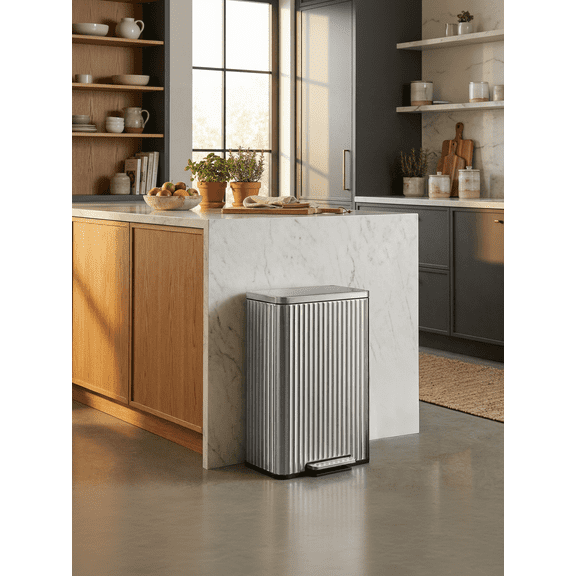 LEDREM 13 Gallon Trash Can for Kitchen, Stainless Steel Garbage Can with Lid, Pedal, Soft Close, Removable Inner Bucket, 15 Bags Included, Metallic Silver