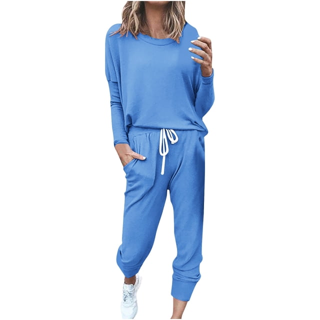 Womens Printing Round Neck Long Sleeve Solid Two-piece Comfortable Home Pajamas Pocket Set Sports Set