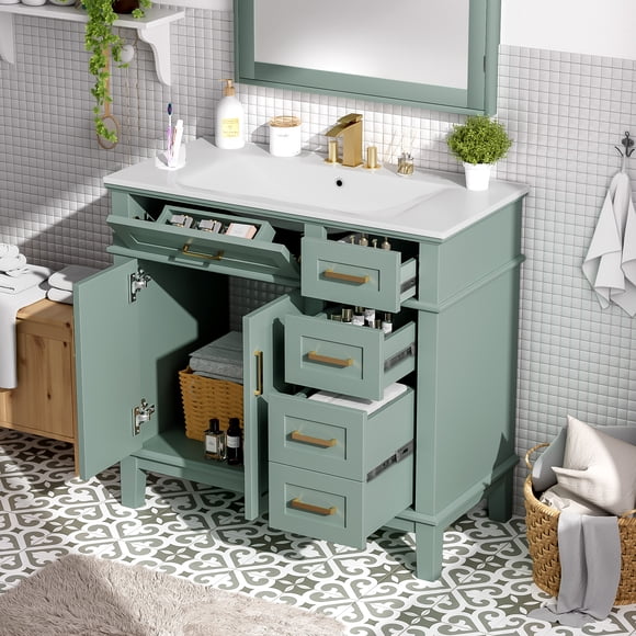 DAJU 36" Light Green Modern Bathroom Vanity with Ceramic Sink,Soft-Close Door,and 4 Storage Drawers,offering a refined look with practical everyday functionality