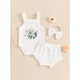 thumbnail image 4 of FOCUSNORM Baby Girl Summer Outfits Waffle Flower Embroidered Sleeveless Romper Ruffles Shorts Headband 3Pcs Clothes Set, 4 of 9